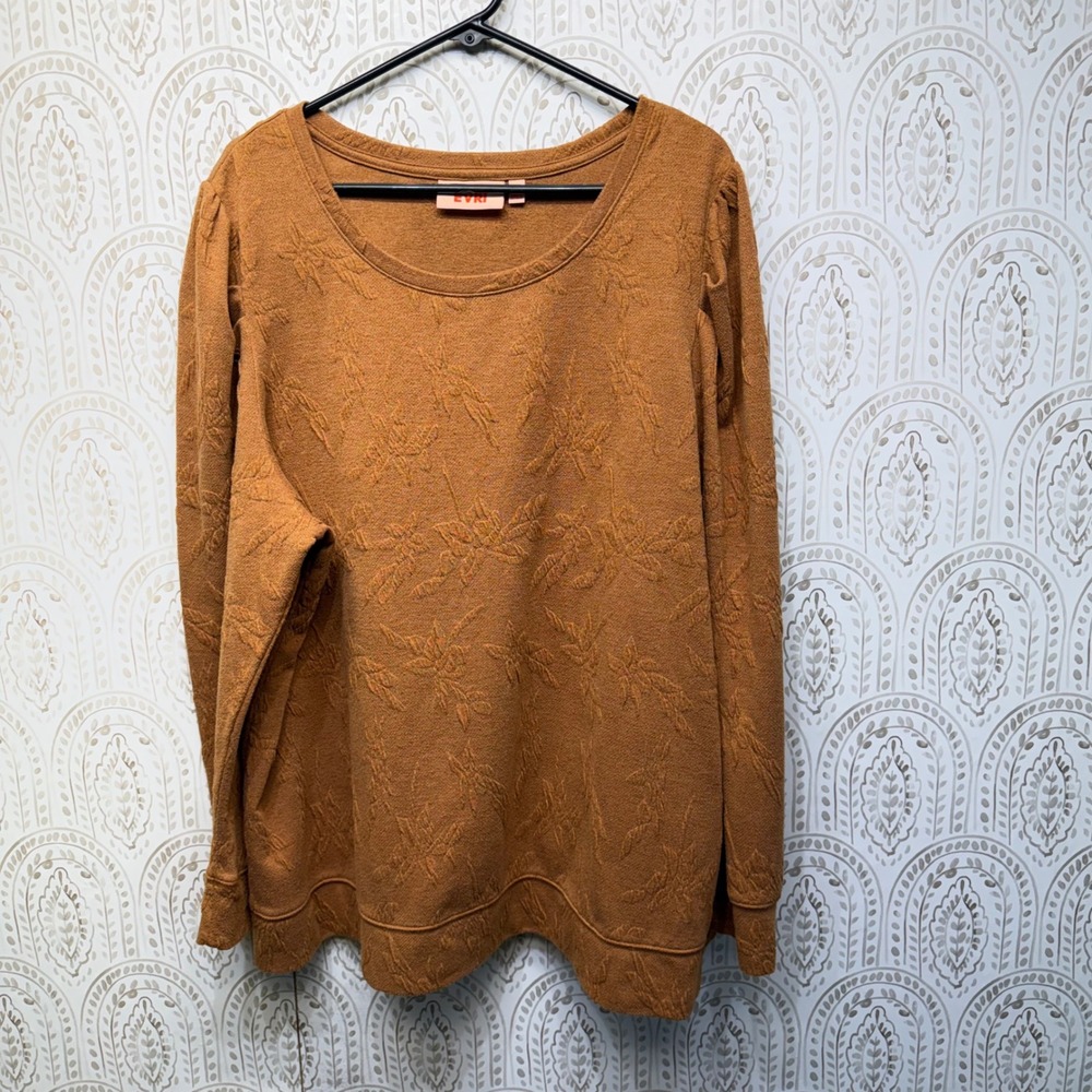EVRI Sweatshirt Womens 2X Rust Orange Floral Jacquard Puff Sleeve Scoop Neck Top
